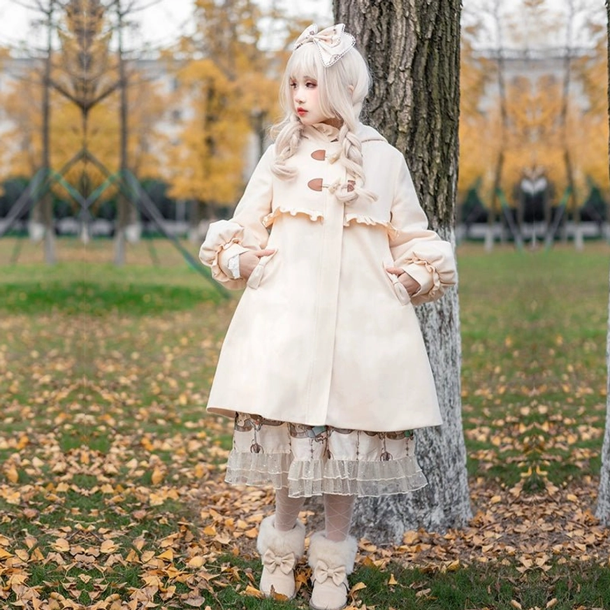 Off white cream lolita winter coat full body standing view elegant refined timeless color variant