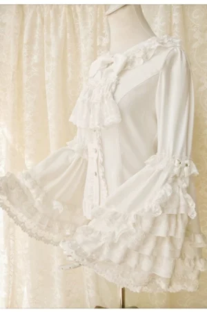 Off-white hime sleeve lolita blouse side three-quarter view showcasing detachable lace bow neckline and layered bell sleeves