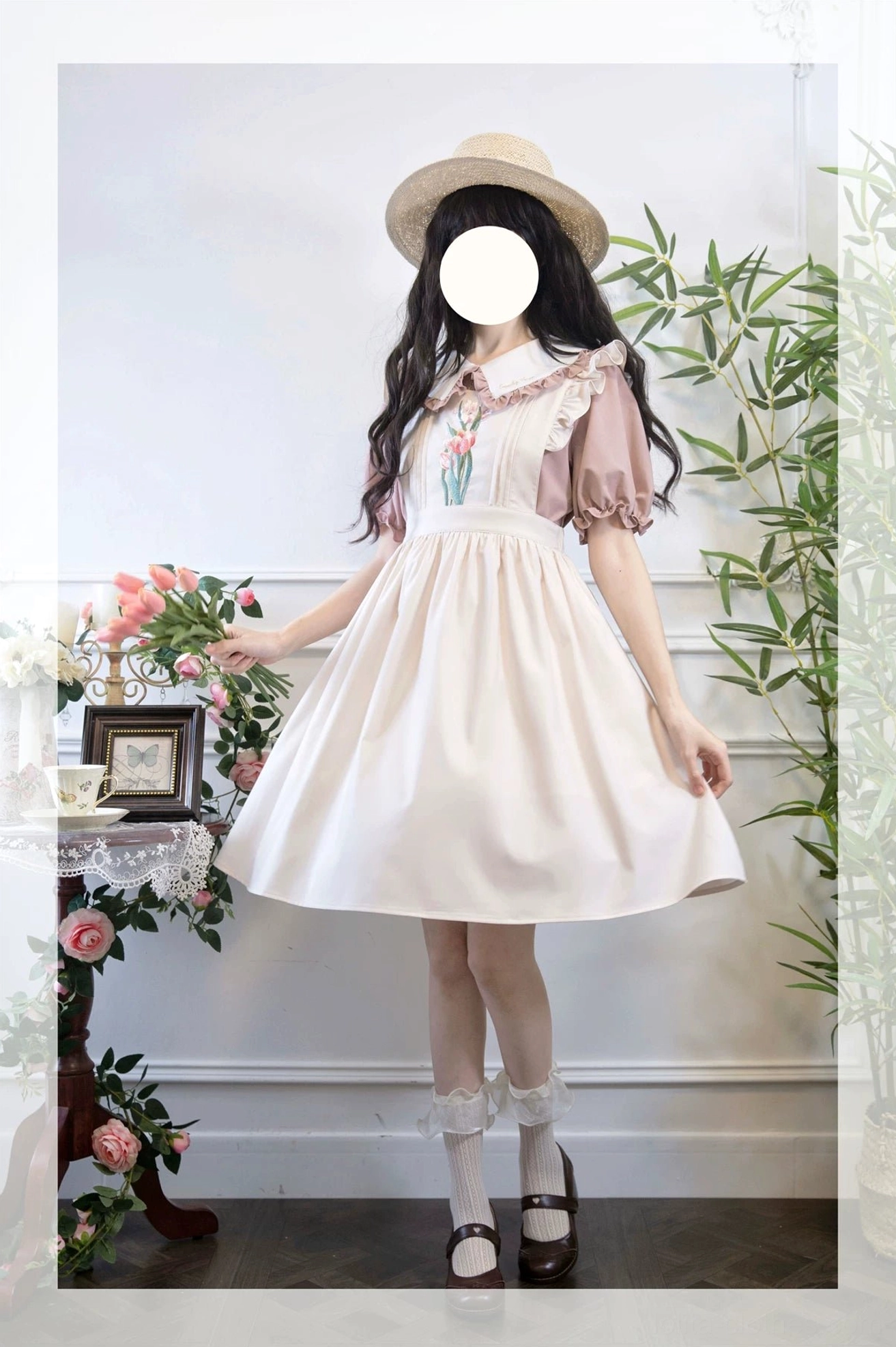 Off-white lavender puff sleeves classic lolita salopette dress blouse tulip embroidery full-body front vintage