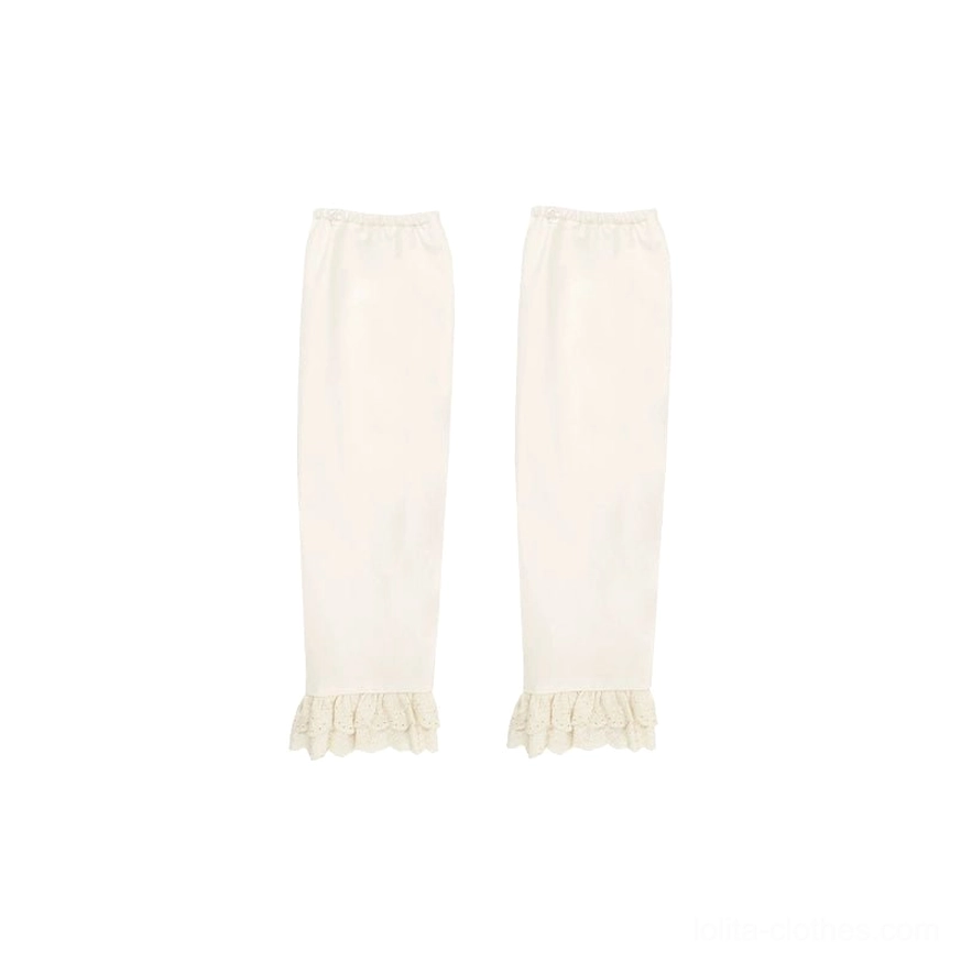 Off-white lolita matching leg warmers and long tube socks - flat lay display showing ruffled lace trim cuffs accessory for vintage lolita outfit coordination