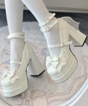 Off-white lolita platform Mary Jane heels with delicate toe bow and dual adjustable ankle straps featuring star buckles, worn with white stockings on bow-patterned cushion, side view of chunky block heel