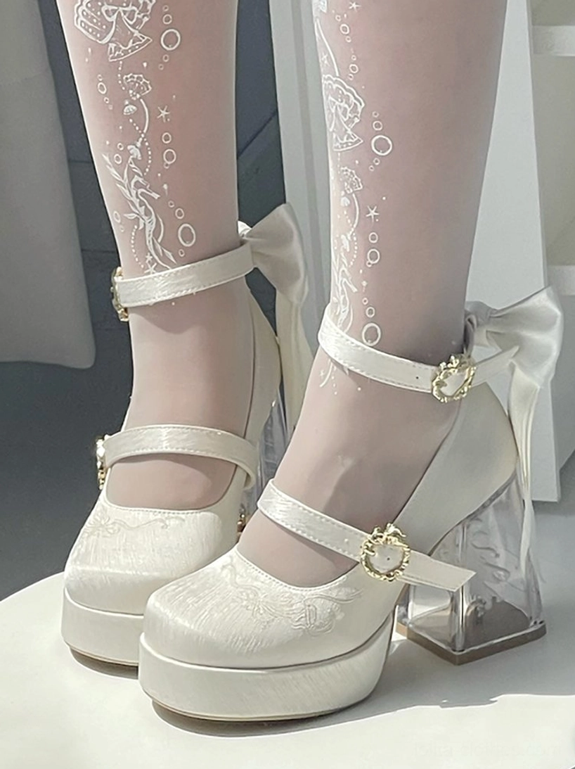 Off-white classic lolita platform heels front side view dual ankle straps gold heart buckles transparent heel