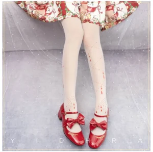 off-white song and lights lolita tights with red tassel and diagonal decorative prints paired with red bow mary jane shoes and printed lolita skirt front view