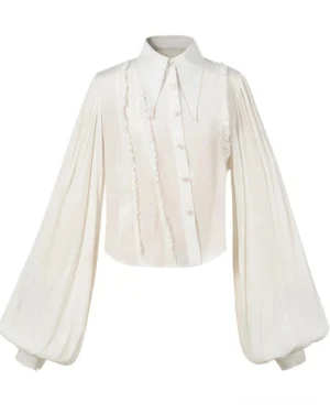 Off-white retro American style vintage Lolita blouse flat lay front display with oversized puff sleeves and tonal dark embossed fabric patterns pointed collar detail