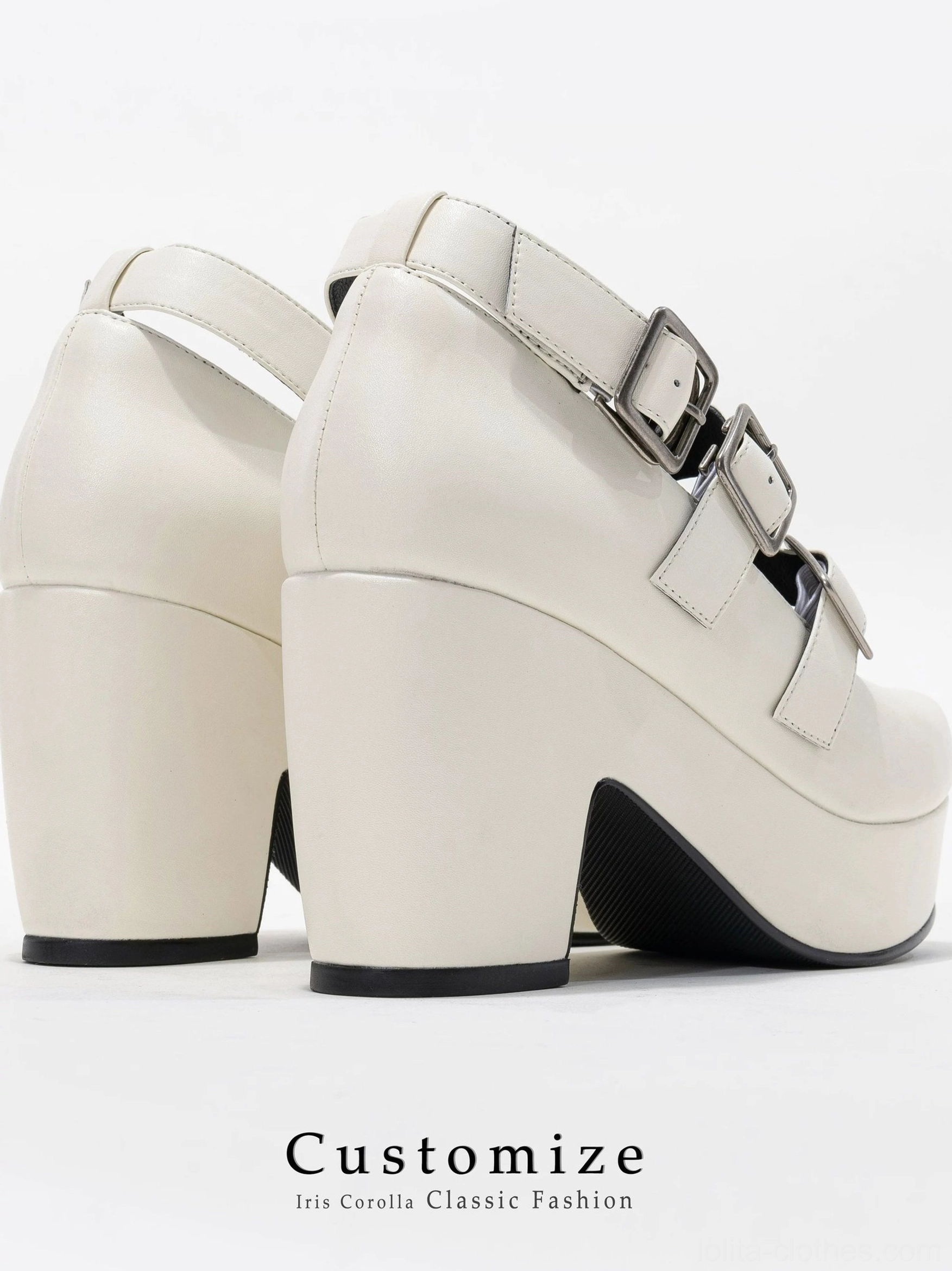 Off-white triple-strap Gothic Lolita platform heel shoes side oblique view plain background, three adjustable silver buckle straps, chunky block heel, premium leather smooth surface product display