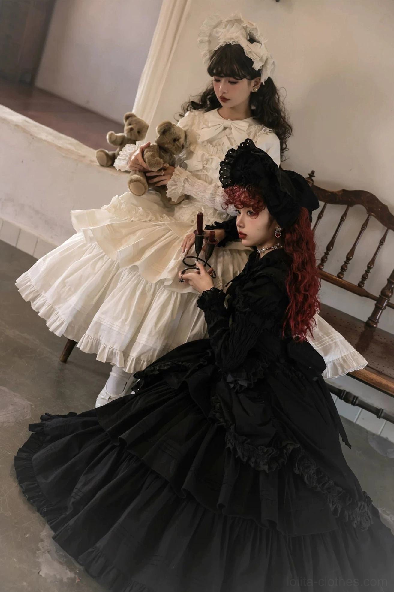 Three-quarter side view of off-white vintage Lolita dress on mannequin featuring fitted waist, big back bow, and lace-trimmed long puff sleeves