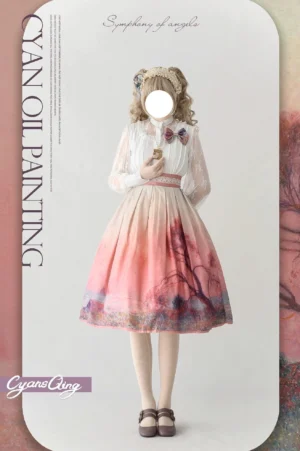 Oil painting landscape lolita skirt garden series pink gradient front view on blonde model wearing retro bow hair accessories complete lolita coordinate