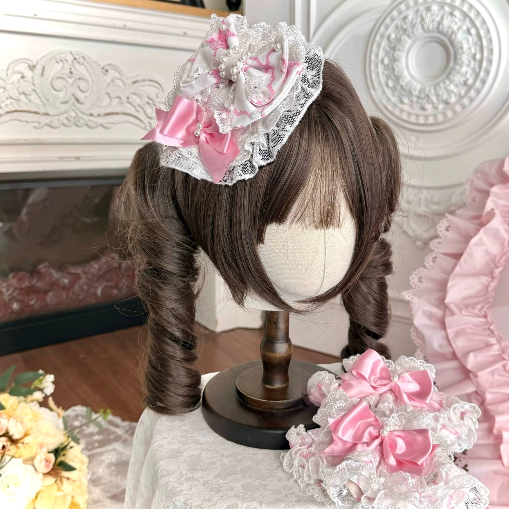 Matching bonnet headdress for vintage old school lolita coordinate styled to accompany rose garden jsk dress, showing delicate lace trim, ribbon bow decoration, and traditional sweet lolita aesthetic