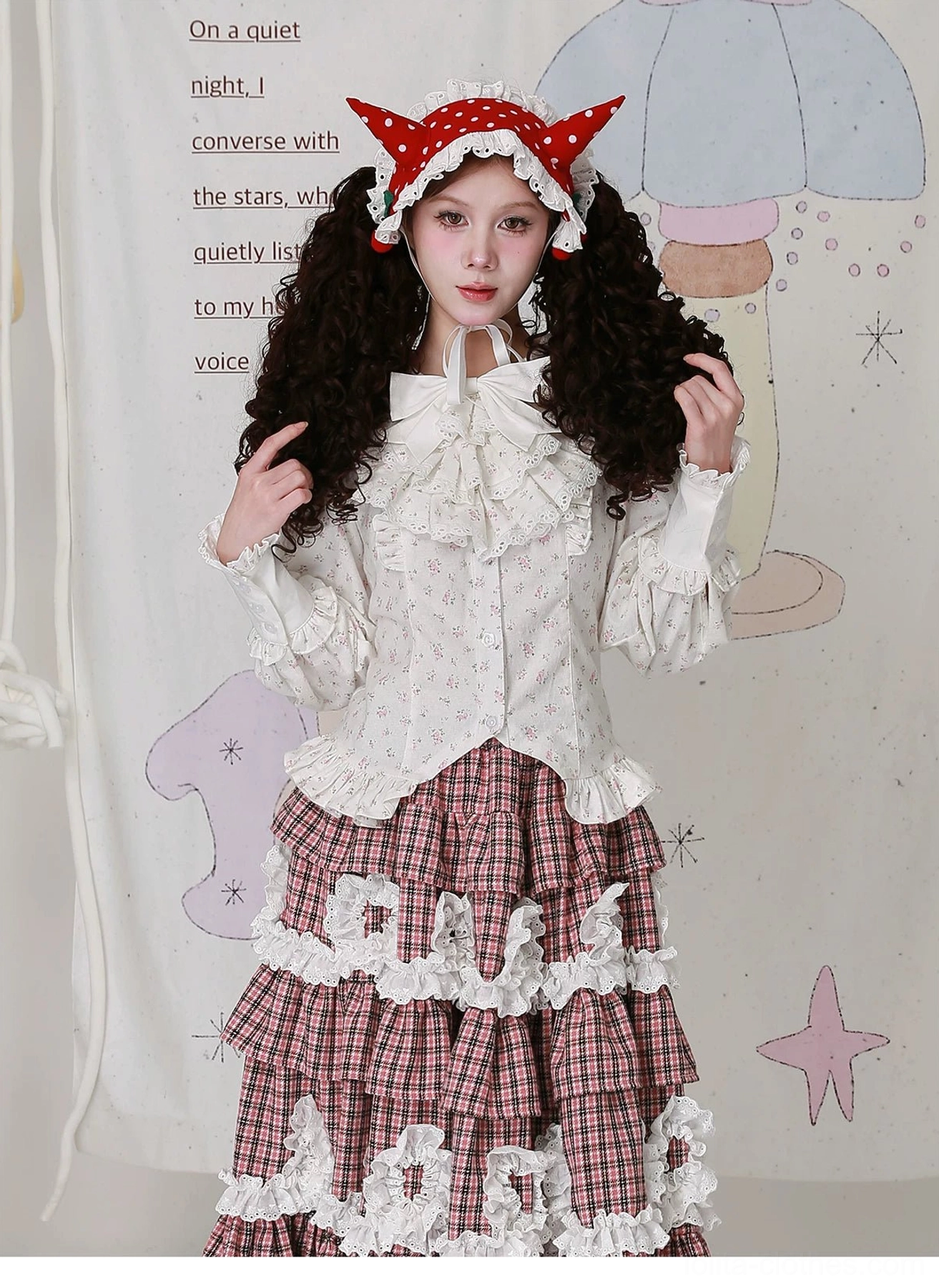 Old School Lolita floral cotton blouse detail shot showcasing brushed cotton fabric texture, delicate floral print pattern, and authentic jabot construction with lace-up back design elements