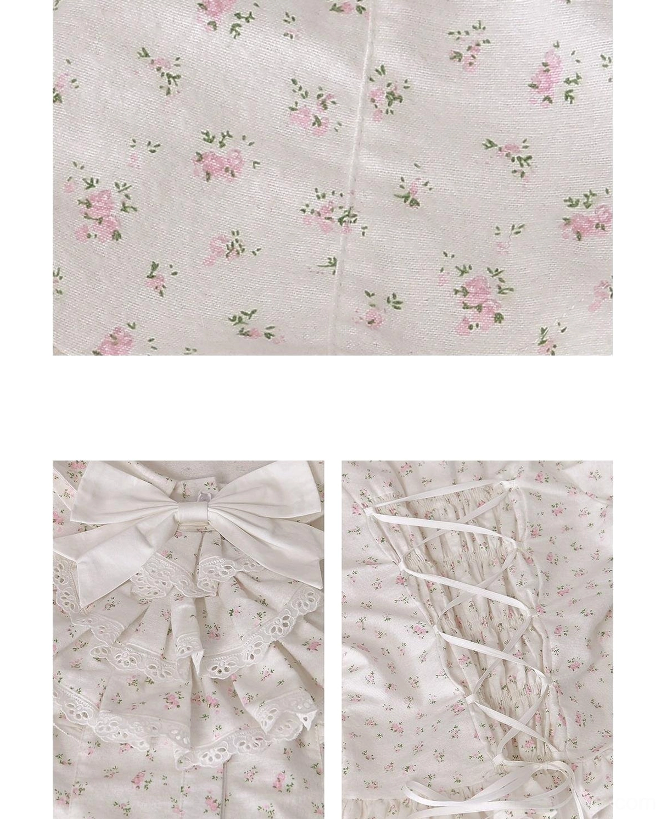 Old School Lolita floral cotton blouse styled with complete coordinate showing off-white base, delicate scattered floral motifs, and traditional Lolita fashion aesthetic elements