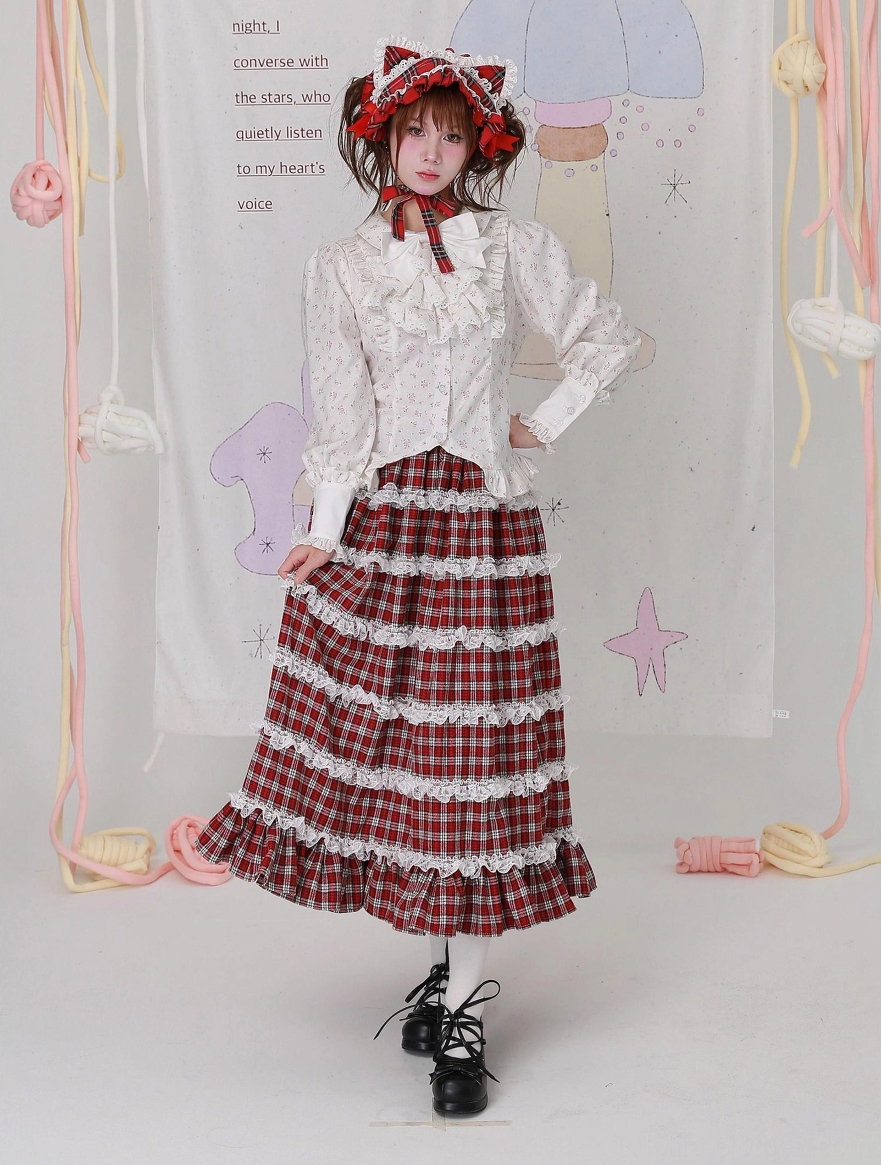 Full-body Old School Lolita coordinate with floral blouse and maxi tiered plaid skirt - complete outfit styling with black Lolita shoes and coordinating accessories