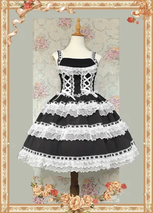 Black and white old school lolita JSK jumper skirt with square spaghetti straps and lace-up chest detail front view on mannequin