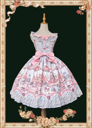 Old School Lolita Jumper Skirt dress front view on mannequin featuring light blue striped bodice with large pink waist bow and scalloped light blue lace hem with candy dessert print patterns