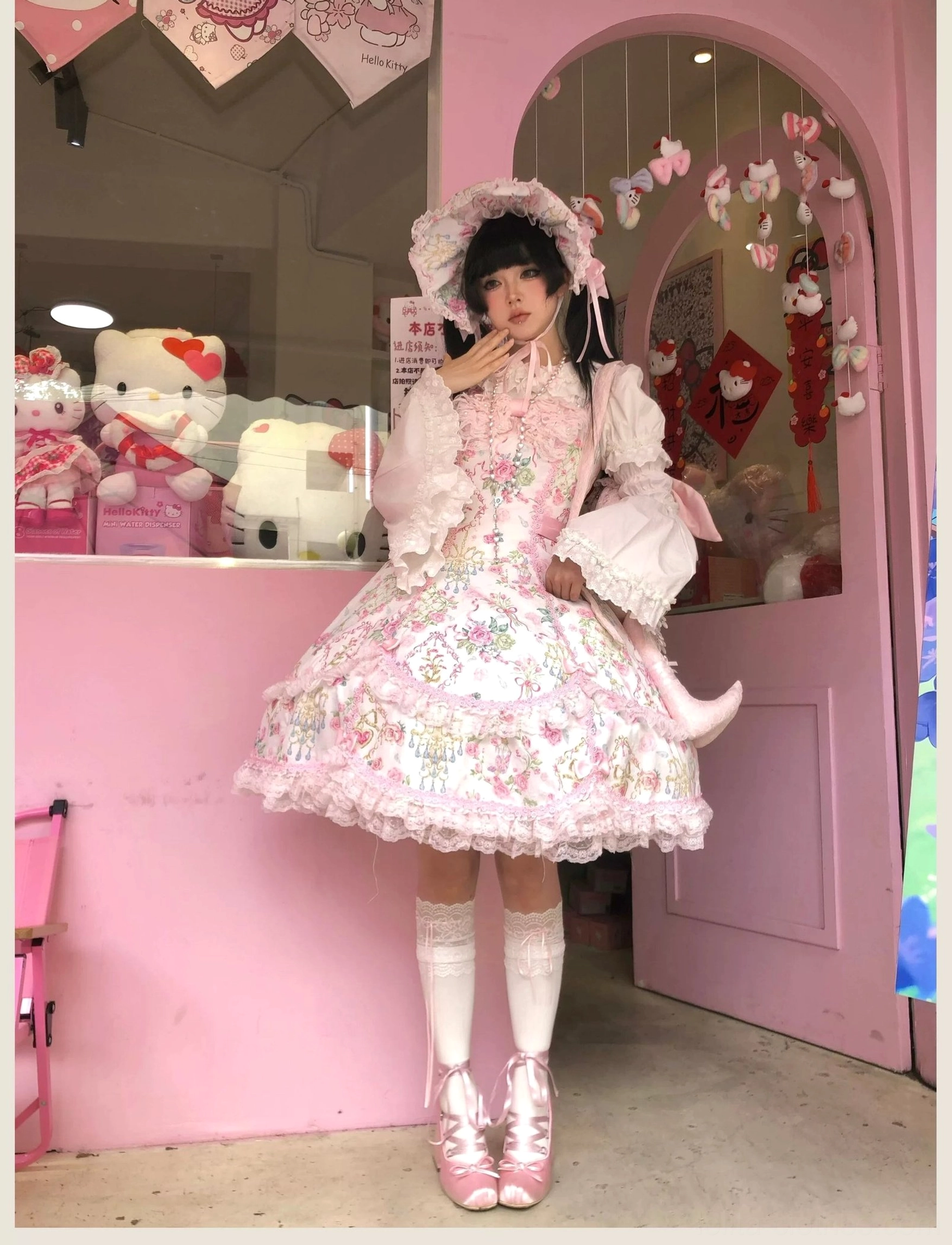 Old school Lolita JSK dress styled with dramatic hoop petticoat for theatrical presentation and special occasions