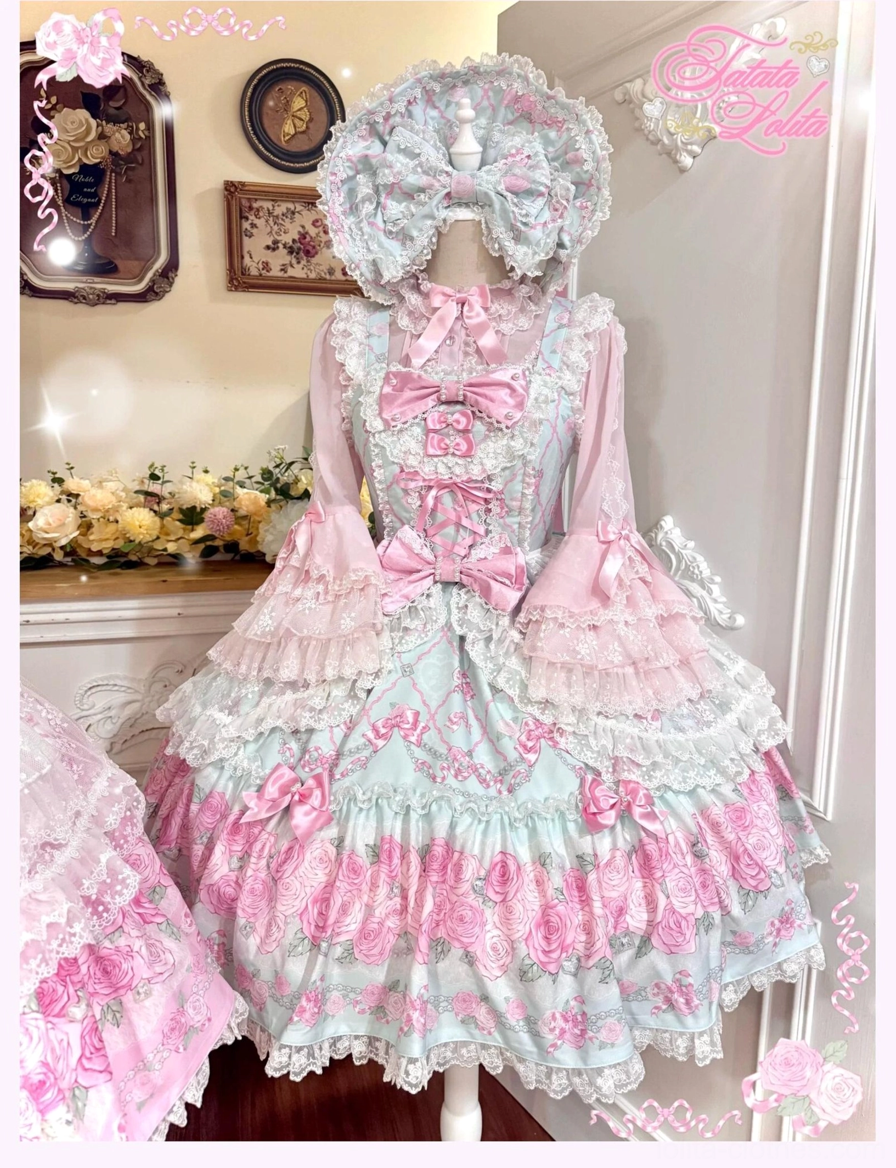 Old school lolita jsk dress back lace-up corset design detail, showing adjustable elastic construction, large back waist satin bow, and layered tulle skirt construction for comfortable personalized fit