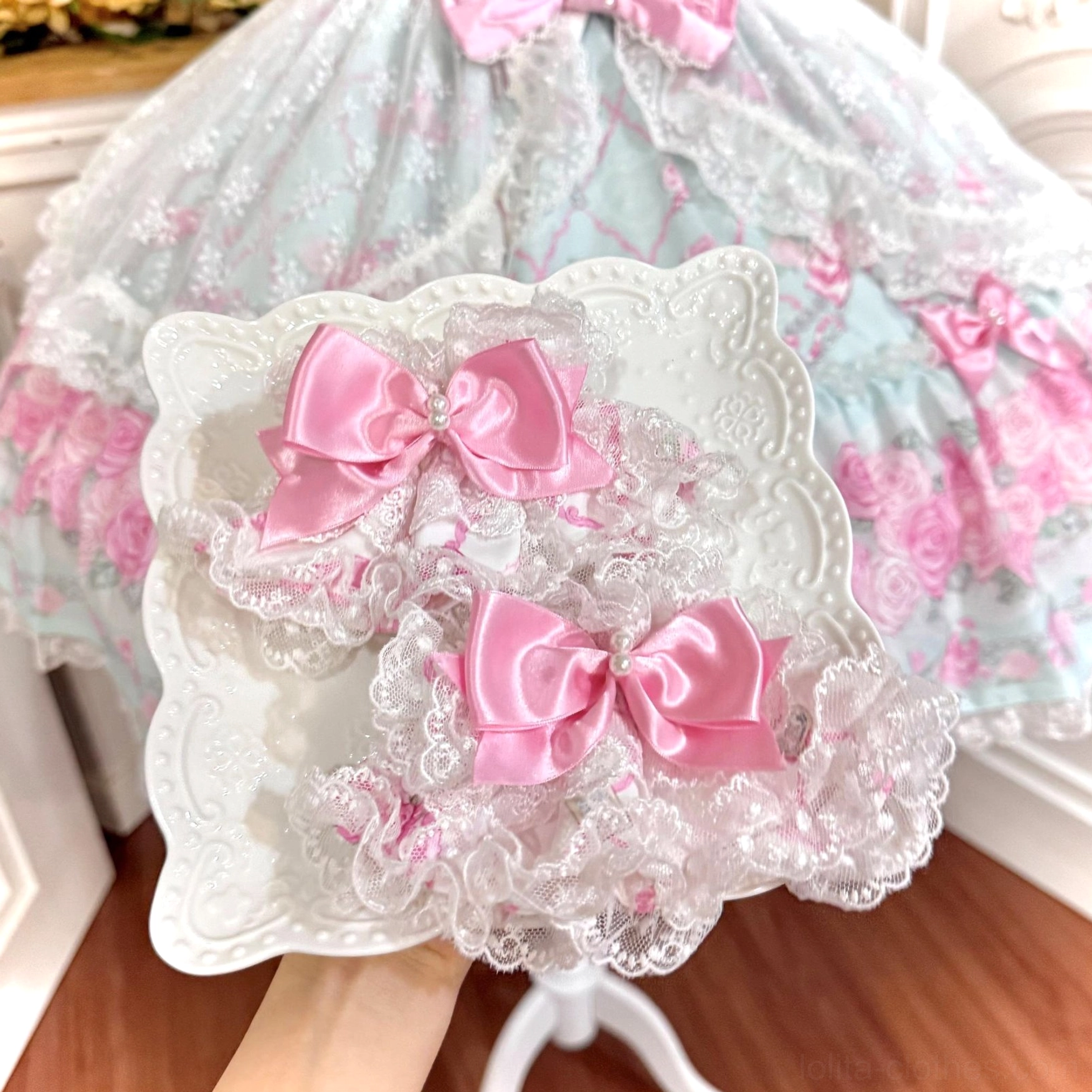 Faux pearl embellishment detail of old school lolita jsk dress showing hand-placed decorative pearls on bodice and lace trim areas, demonstrating delicate sweet lolita styling elements
