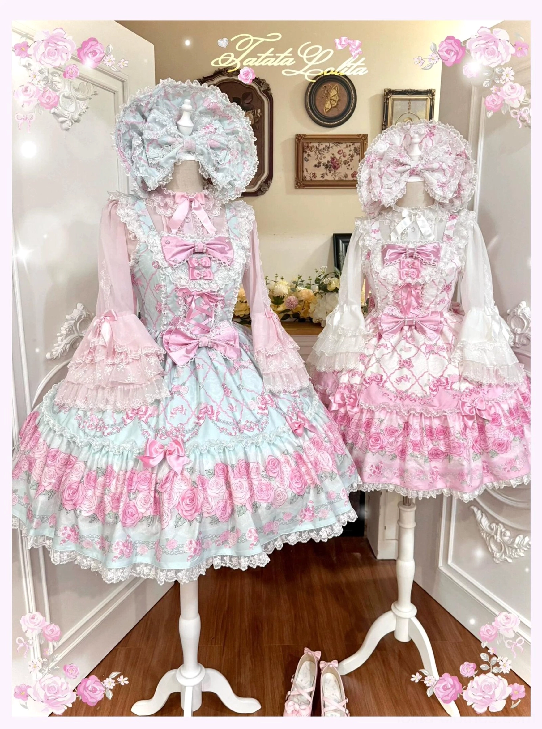 Two complete old school lolita outfits with matching bonnets shown in flat display, one with pastel blue-pink floral long sleeves, other with solid pink floral jsk dress, both featuring lace trims and ribbon bow accents