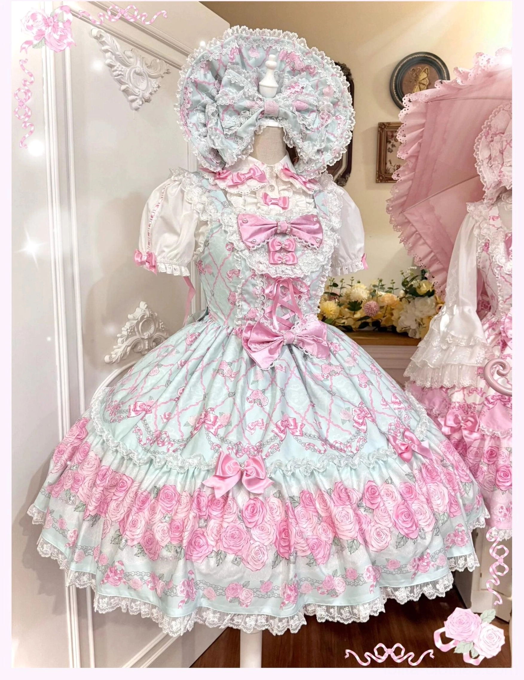 Vintage old school lolita jsk dress silhouette showing full bell-shaped skirt construction with multiple ruffled lace-trimmed layers, demonstrating classic sweet lolita proportions and princess-like aesthetic