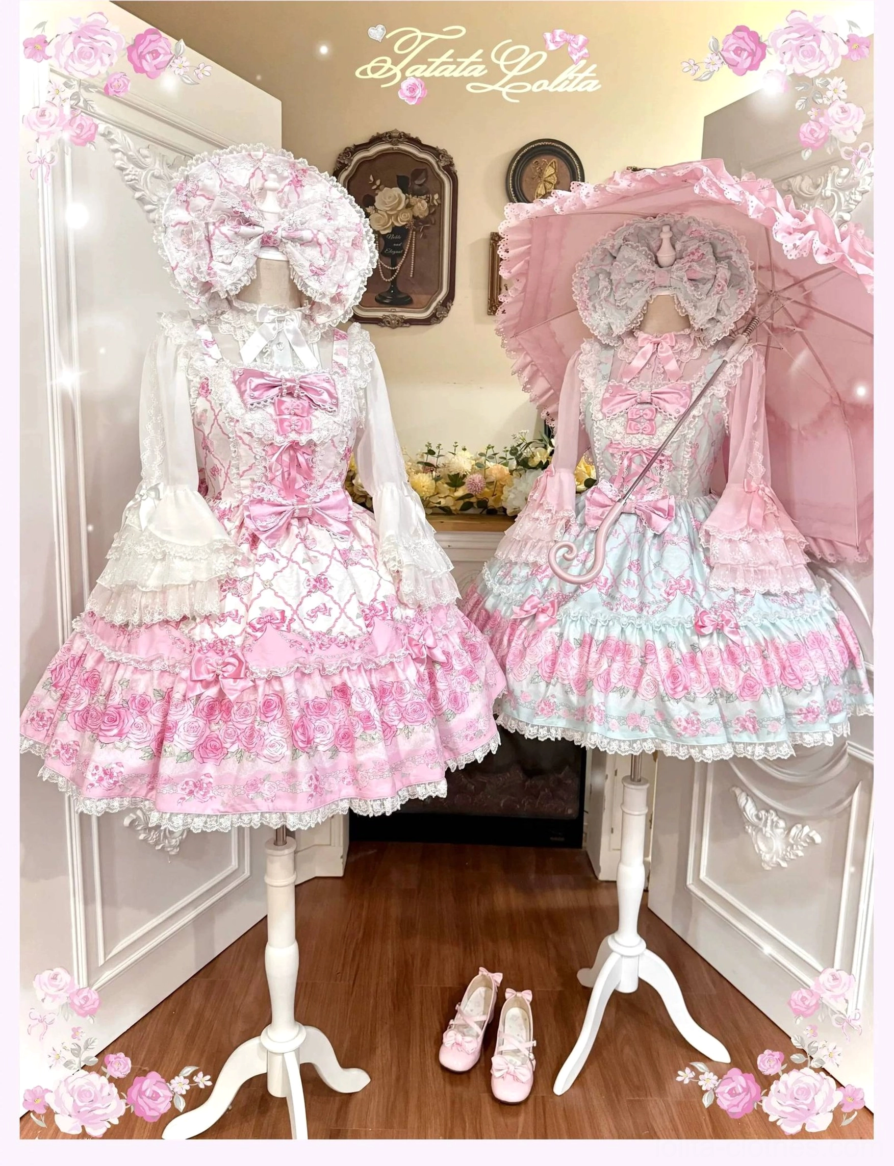 Two matching old school lolita sweet jsk dresses with bishop sleeves paired with pink parasols and bonnets, showcasing color-block pastel blue and pink floral print design with ruffled lace-trimmed layered skirt construction