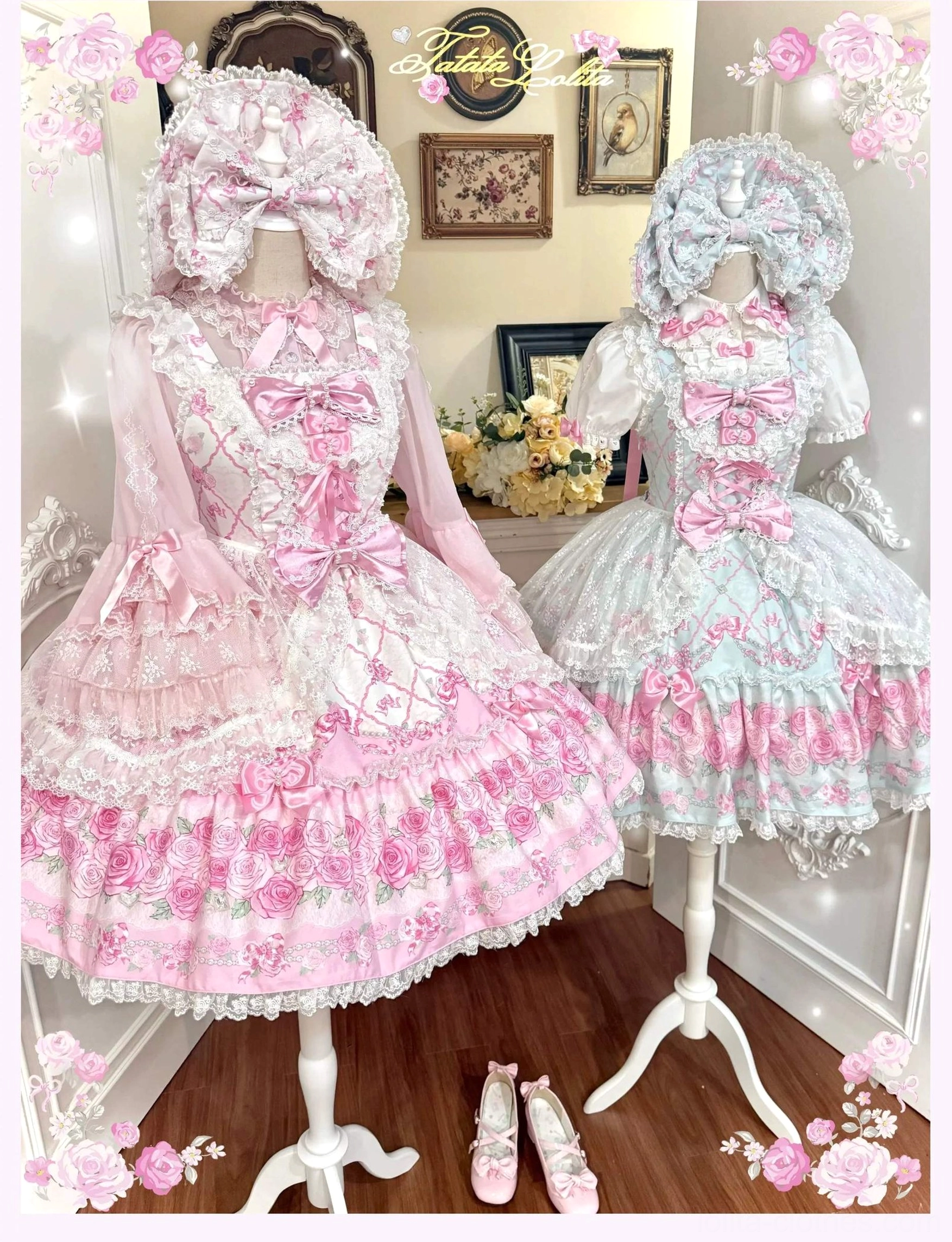 Two matching old school lolita sweet jsk dresses with bonnets demonstrating lace-up corset back design, ruffled bishop sleeves, pastel color-block floral prints, and full layered skirt construction