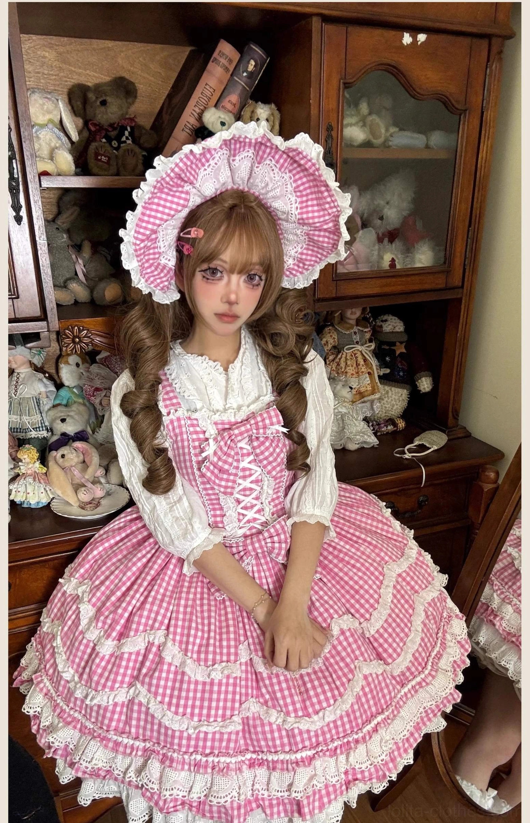 Pink gingham old school Lolita jumper skirt dress color swatch and fabric tone detail, showing the signature pink hue and gingham check pattern accuracy