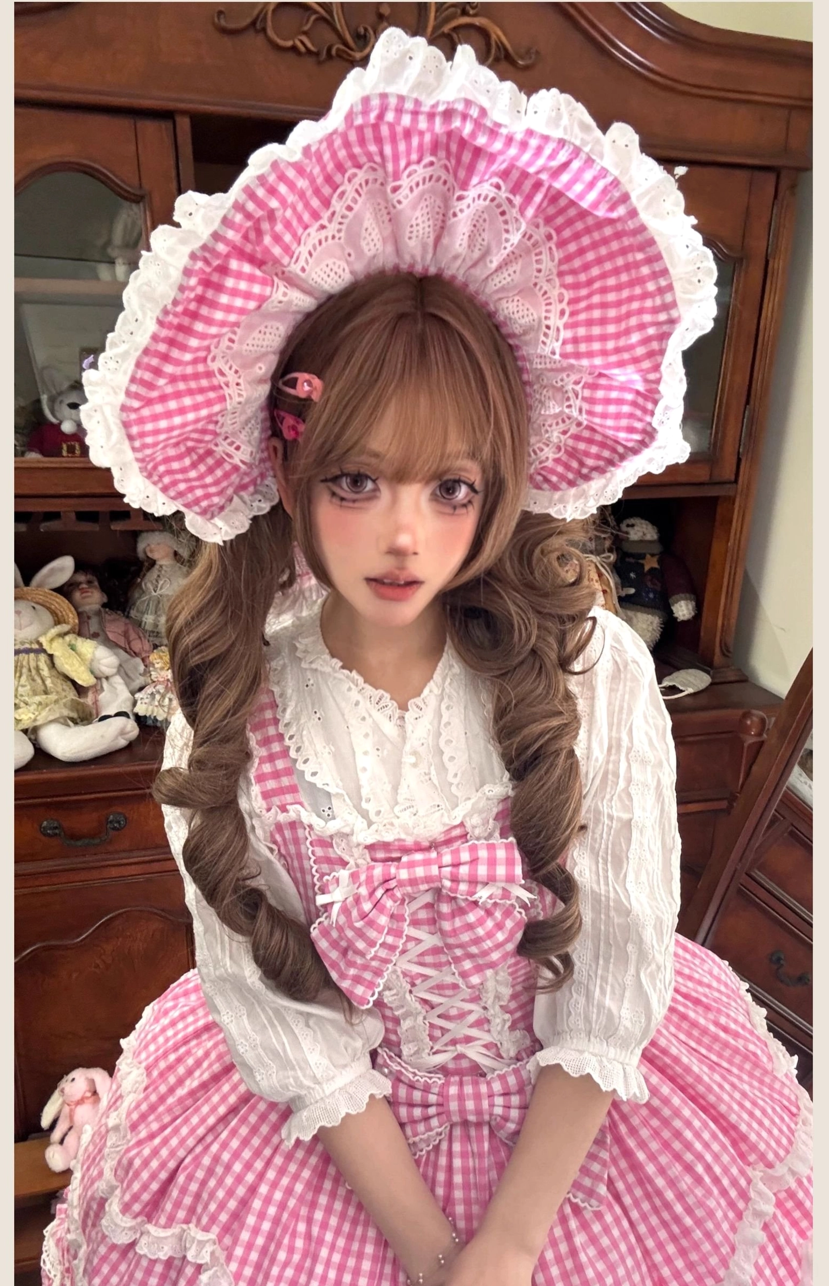 Vintage-inspired old school Lolita jumper skirt dress in pink gingham, full outfit flat-lay photography showing complete garment proportions and measurements layout