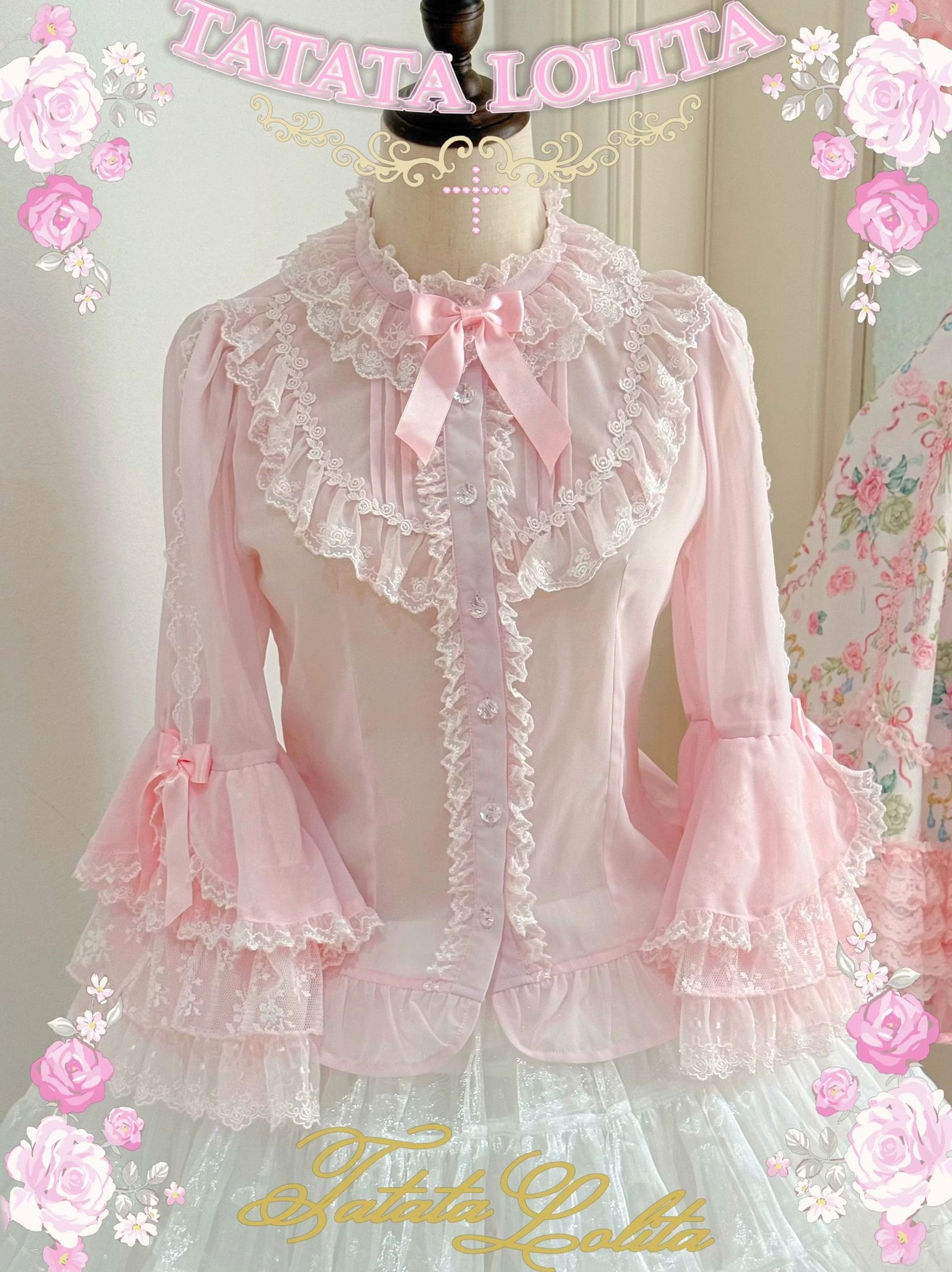 Sleeve detail of old school lolita jsk dress showing puff sleeve construction with delicate finishing, floral print pattern, and lace-trimmed hem suitable for short sleeve and bishop sleeve blouse pairing
