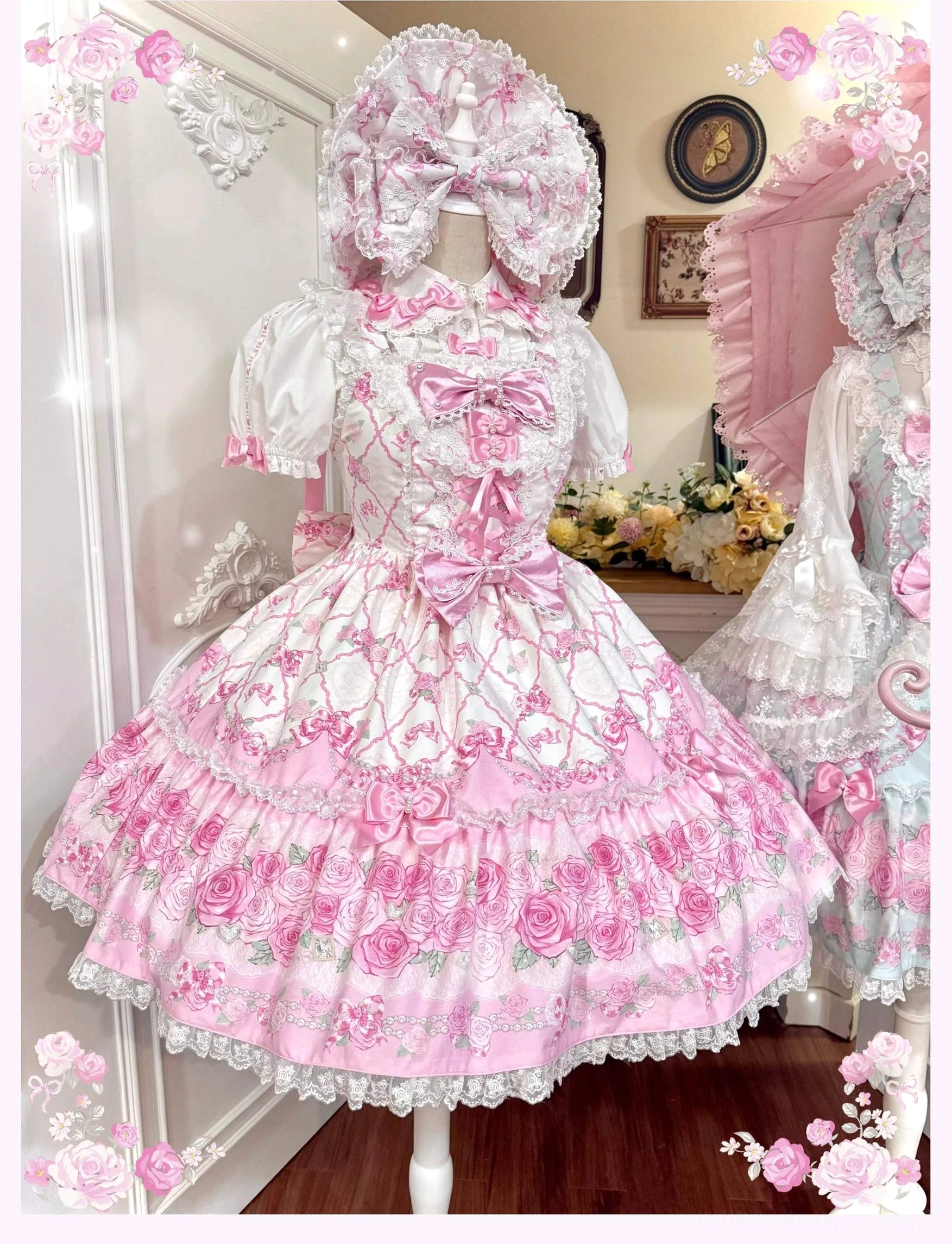 Close-up of old school lolita jsk dress featuring rose and argyle chain floral print design, textured lace-trimmed layered ruffles, and satin bow decoration showcasing sweet lolita craftsmanship