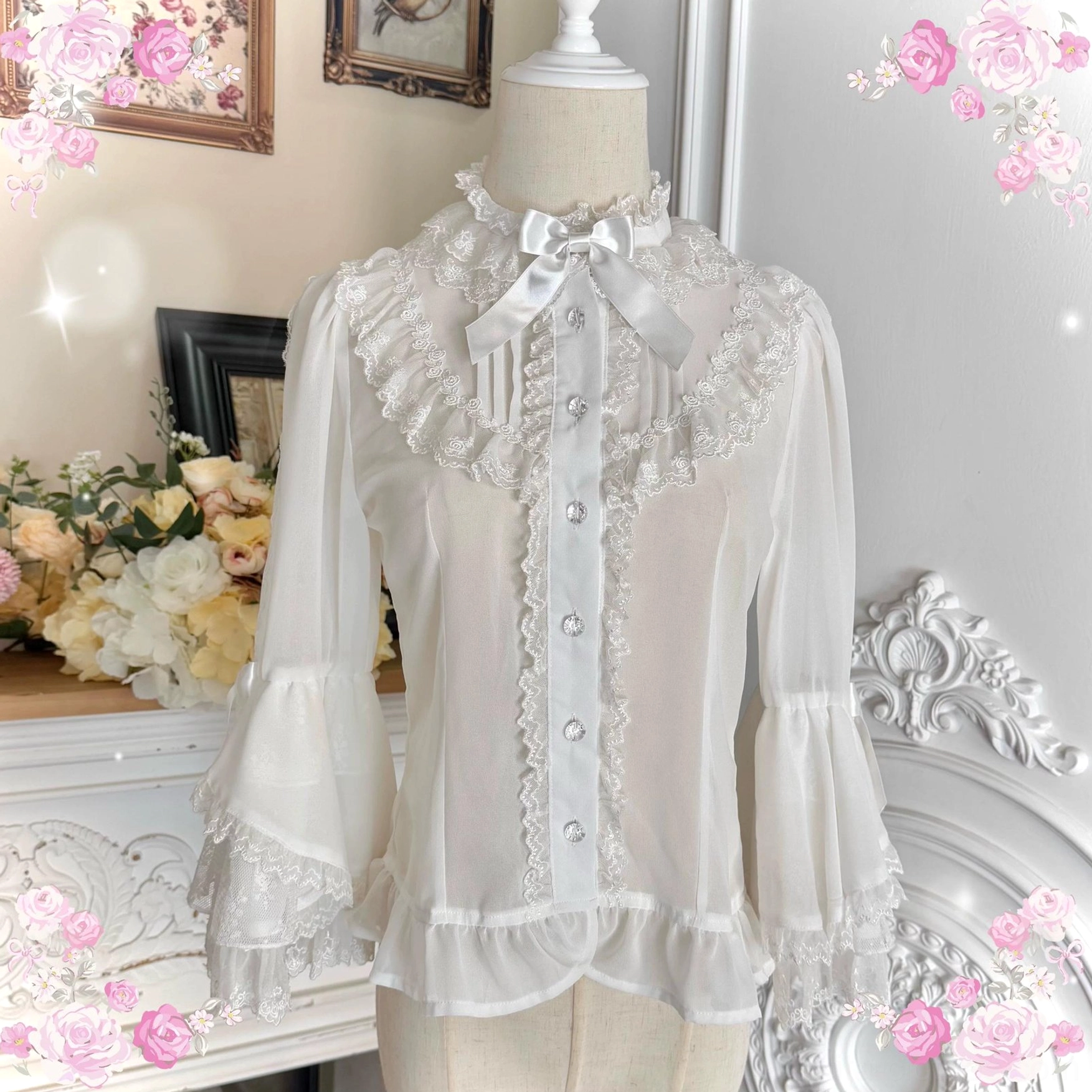 Waist detail of vintage old school lolita jsk dress showing satin bow decoration, lace trim embellishment, and elastic waist construction for comfortable wear in sweet lolita style