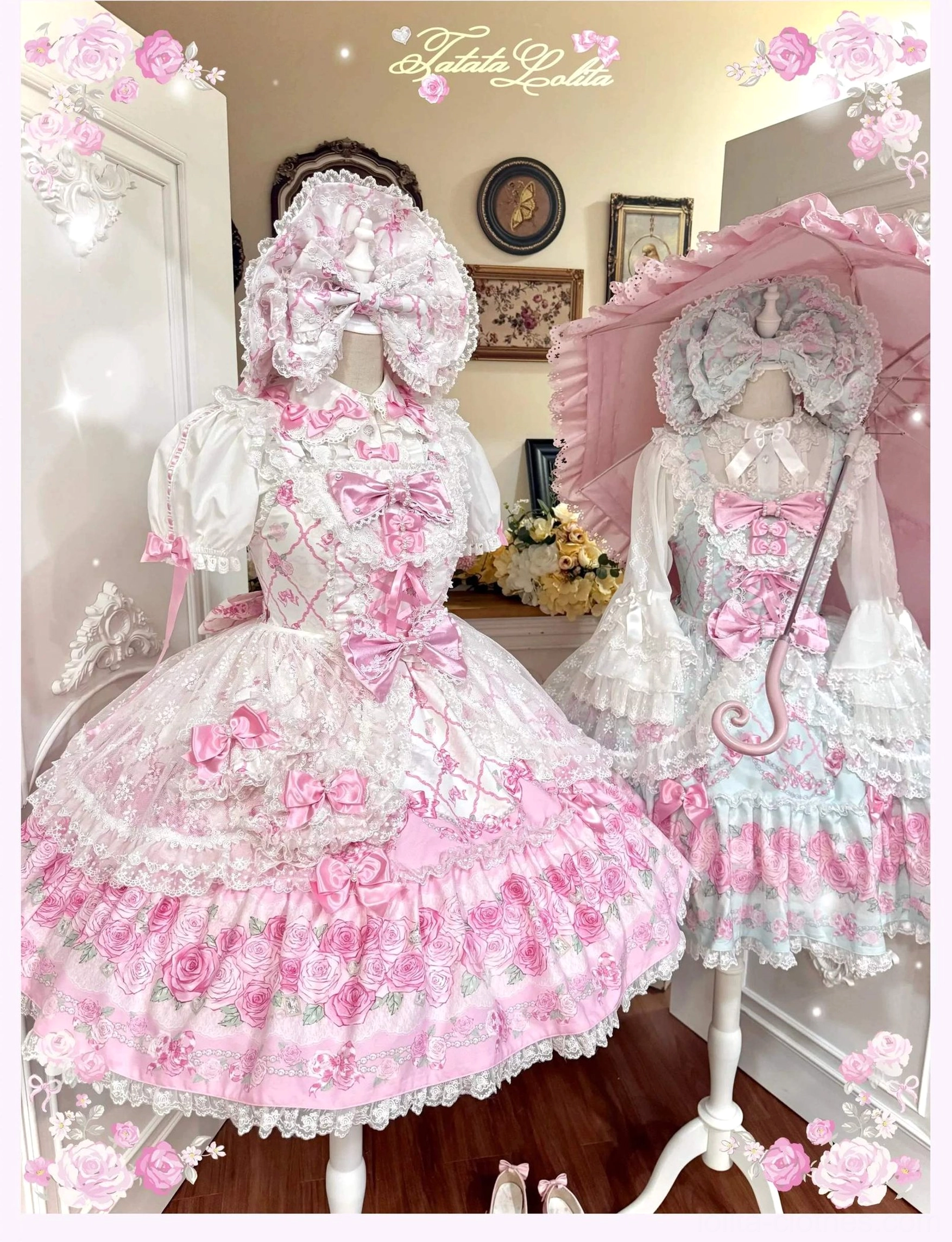 Two old school lolita jsk dresses with matching bonnets and pink parasols, one with white base and pink rose prints, other with pink base and blue floral patterns, both featuring delicate lace-trimmed construction
