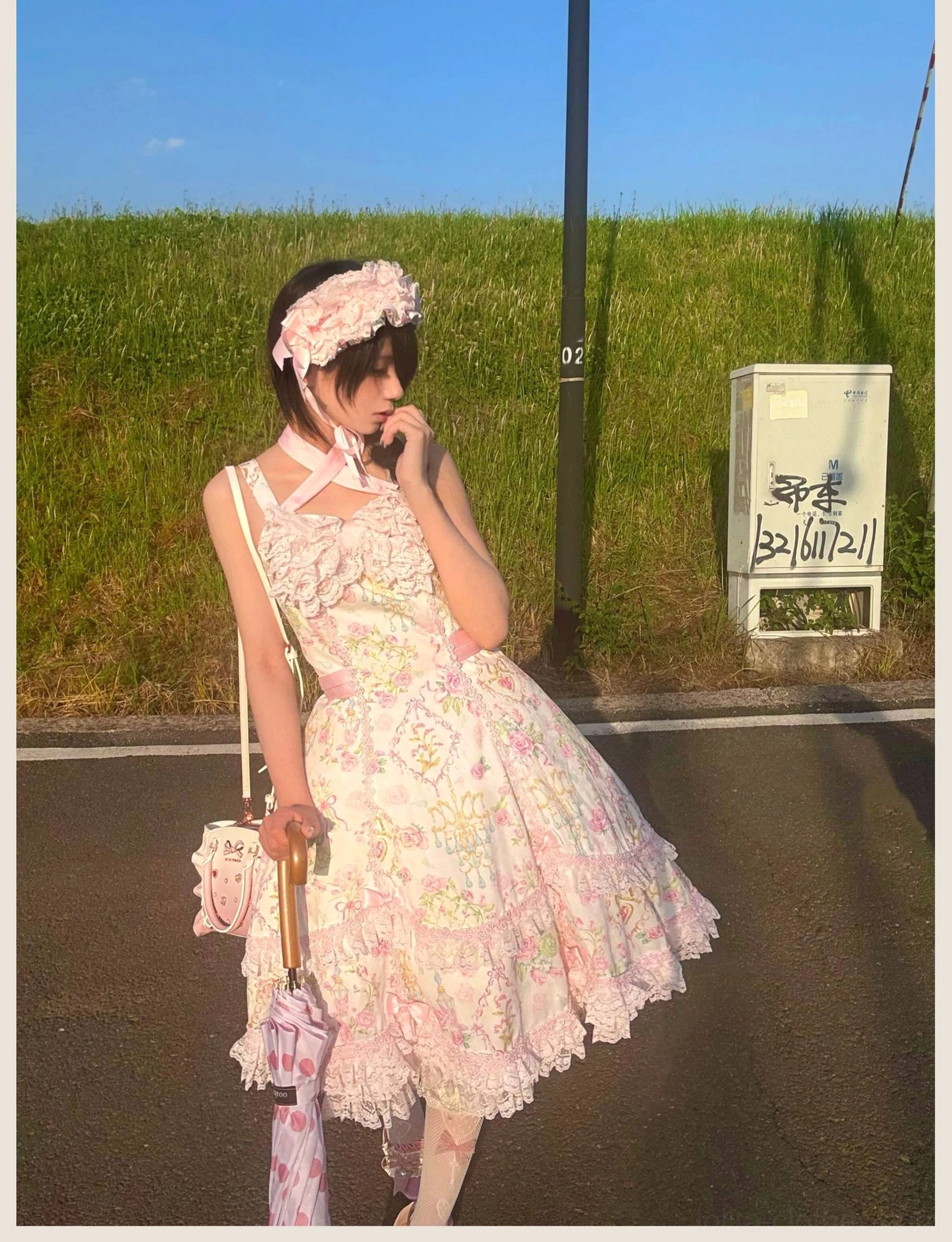 Pink floral old school Lolita JSK dress with optional blouse layer showing layered styling and fashion versatility