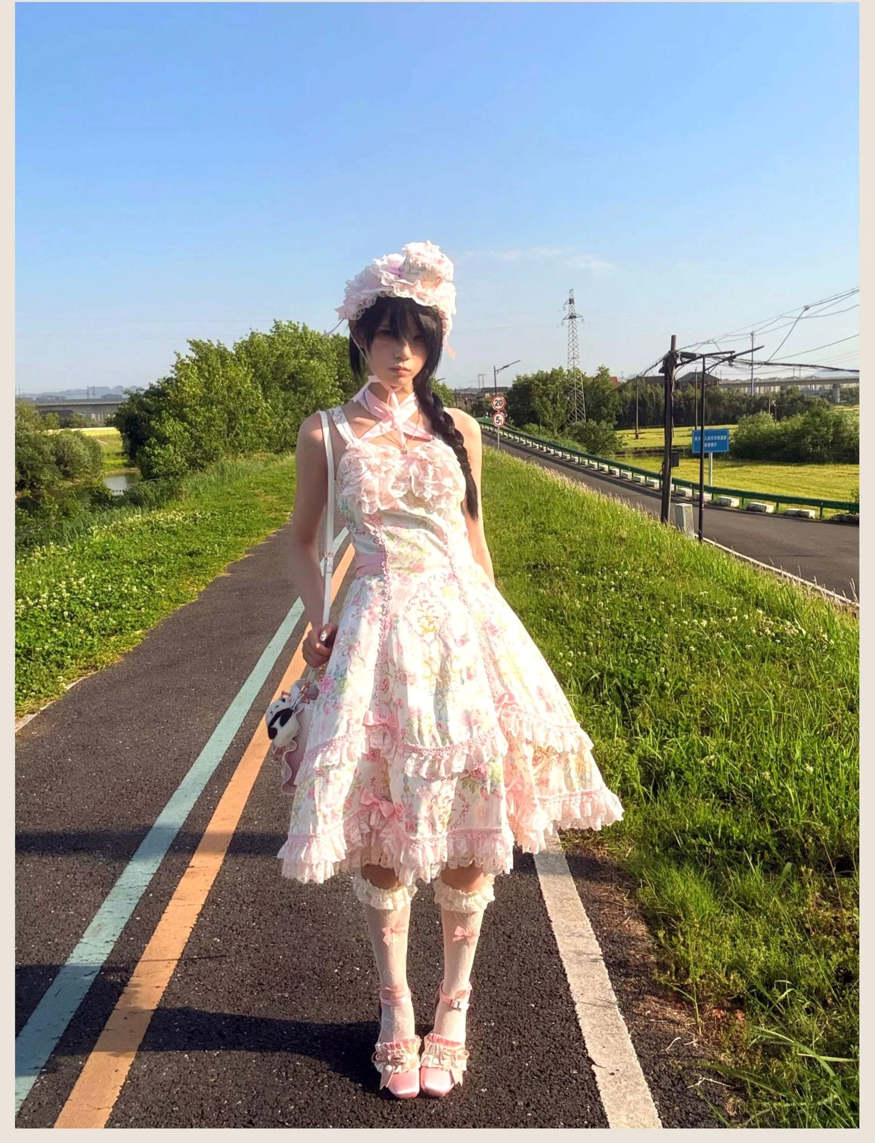 Old school Lolita JSK dress featuring petal hem lace trim and romantic garden-inspired floral print design detail