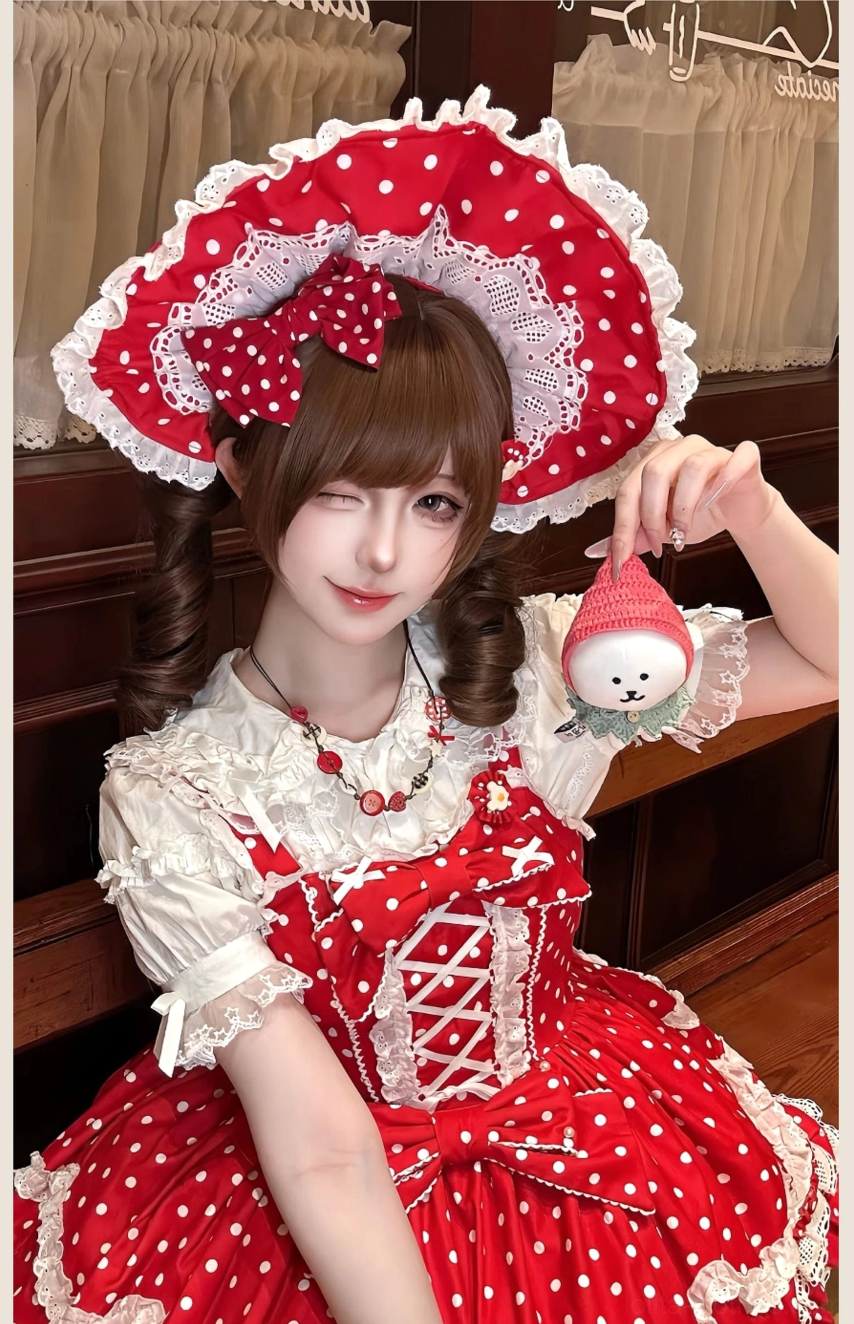 Old school lolita jsk red polka dot dress with white lace trim ruffled collar matching accessories bonnet styling photography