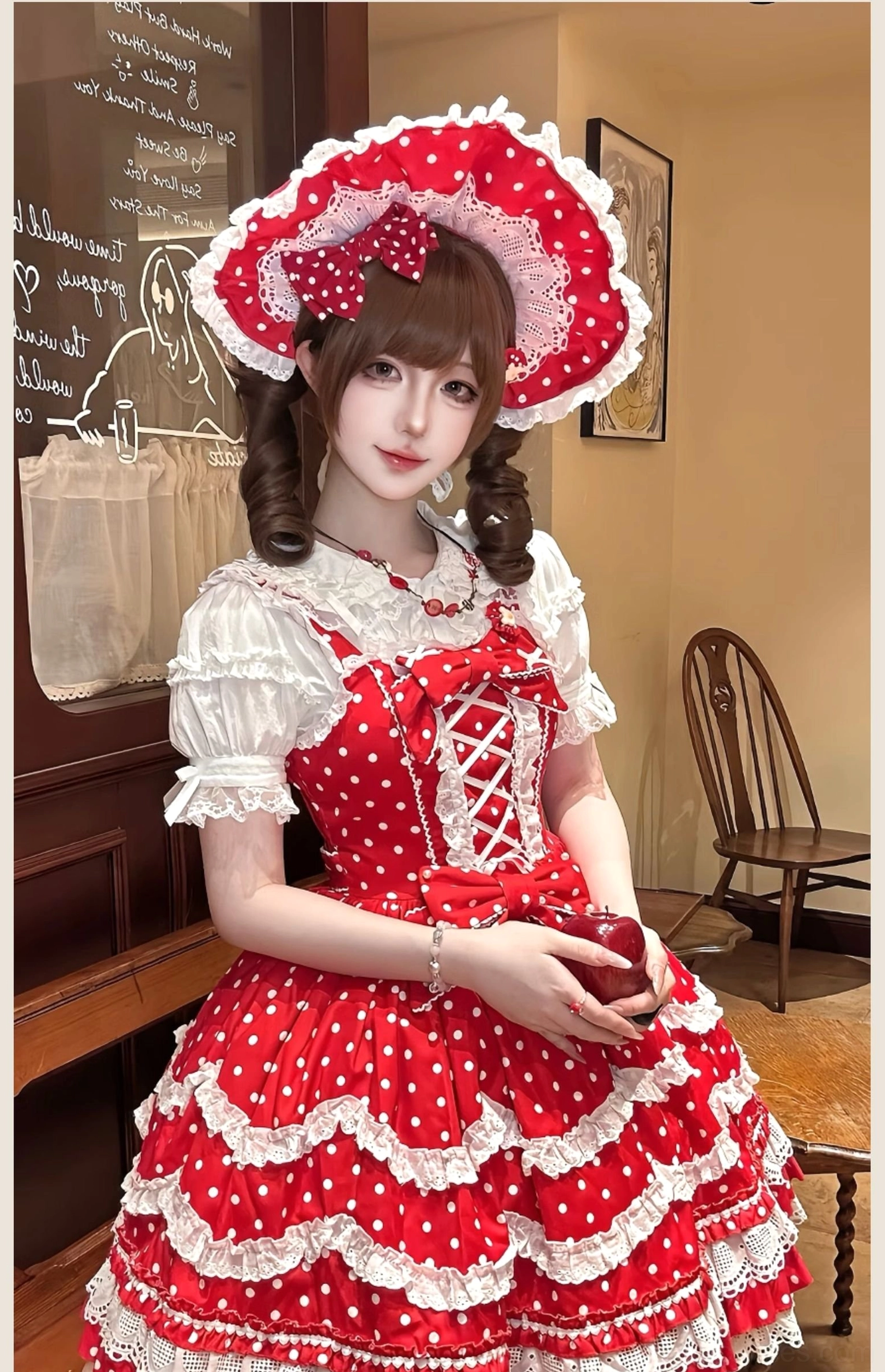 Old school lolita jsk red white polka dot size chart measurements elastic bust waist length fit guide