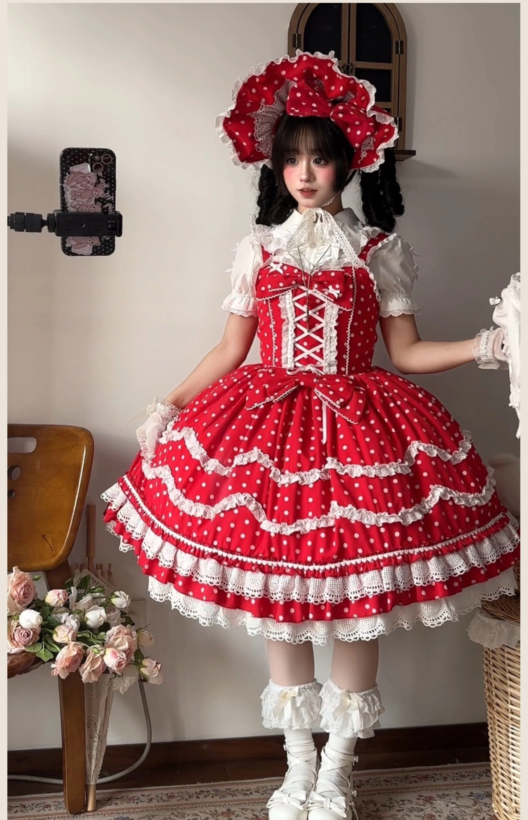 Old school lolita jsk red white polka dot tiered ruffles detailed product photography close-up skirt volume lace trim