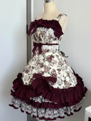 Spaghetti Strap Floral Lolita Jumper Skirt with Layered Ruffles and Lace Trim - Three Quarter View on Dress Form Showing Square Neckline Detail