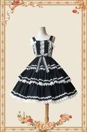 Old school lolita tiered JSK dress front view mannequin display with three-tier lace trim construction and side lace-up closure