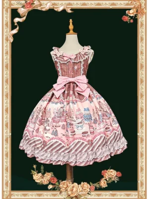 Sweet Lolita JSK dress front view showing vertical pink-brown striped bodice with ruffled square neckline large detachable pink bow and red-white striped scalloped lace hem with dessert prints