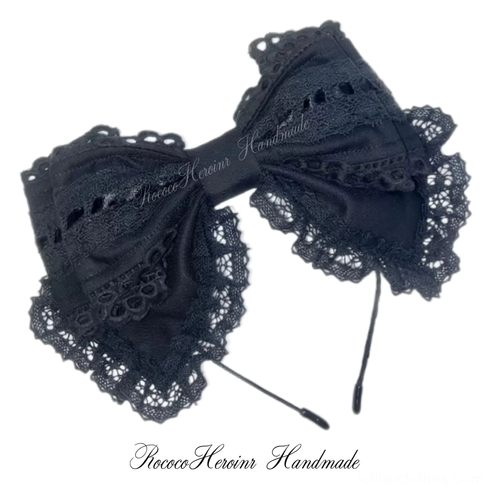 All black Old School Lolita lace bow KC headband featuring matte black fabric and scalloped lace trim