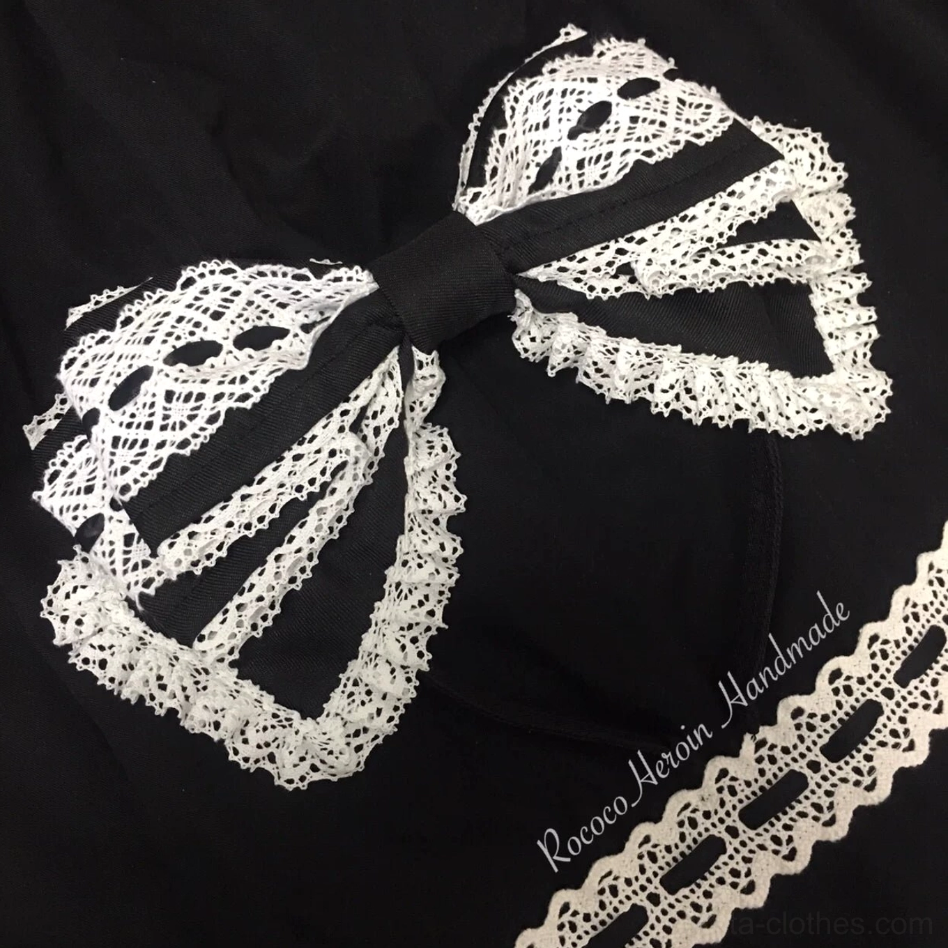 Black and white contrast Lolita bow KC headband with white crochet lace overlay and black satin bow base