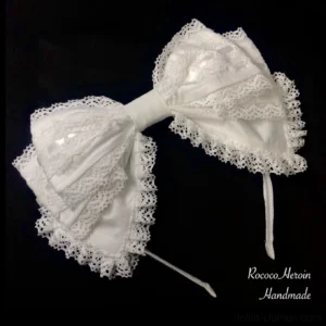 Milky white old school Lolita lace bow KC headband with layered ruffled lace trim and matching headband straps