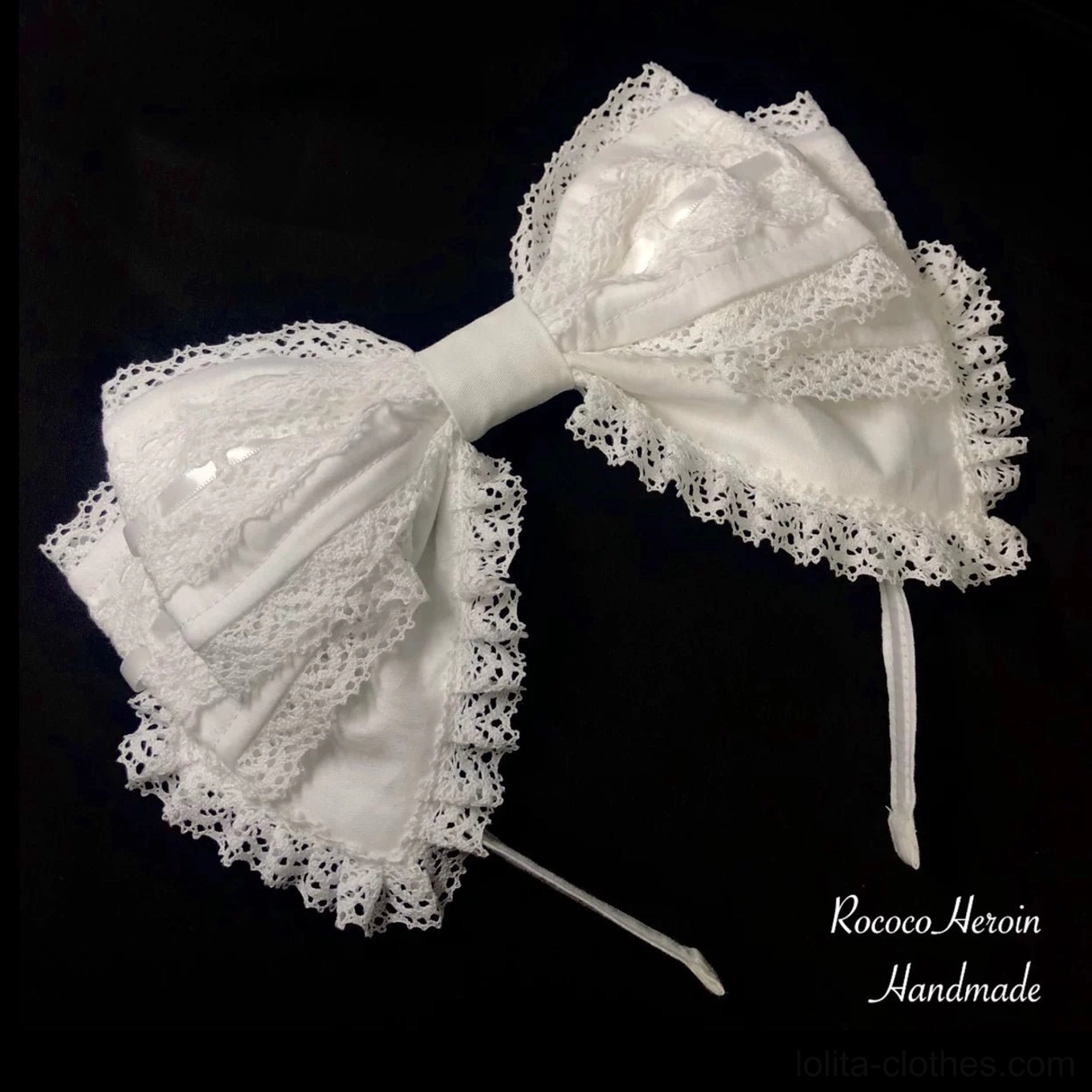 Milky white old school Lolita lace bow KC headband with layered ruffled lace trim and matching headband straps