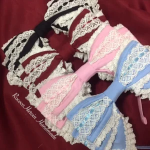 Red and white Old School Lolita lace bow KC headband with satin bow, ruffled lace edging, and matching straps