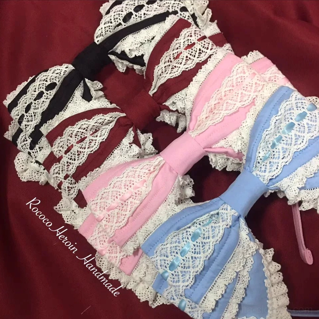 Red and white Old School Lolita lace bow KC headband with satin bow, ruffled lace edging, and matching straps