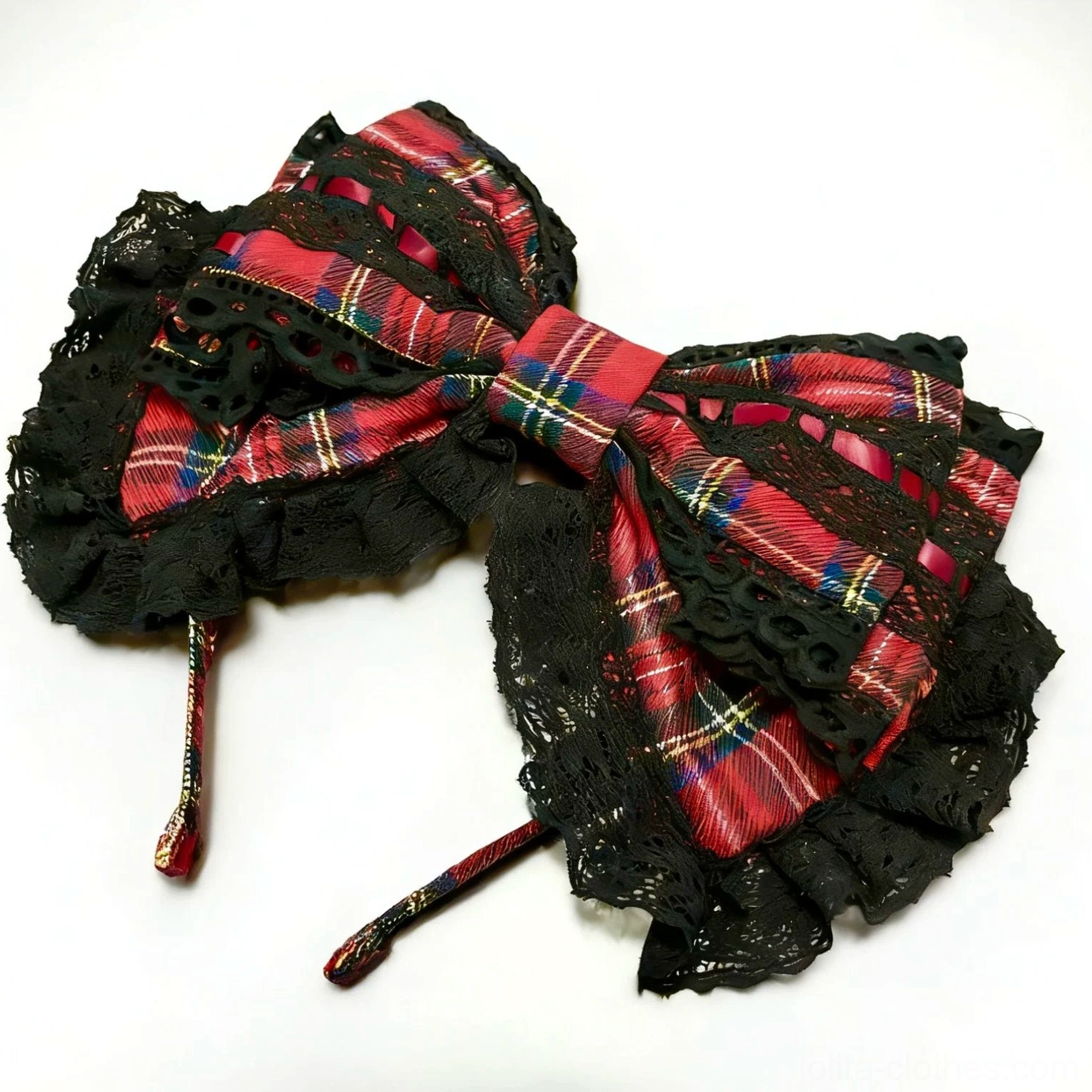 Scottish red and black tartan Lolita bow KC headband with black ruffled lace trim and patterned straps