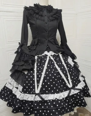 Black Old School Lolita skirt with white polka dots and tiered lace accents front view on dress mannequin
