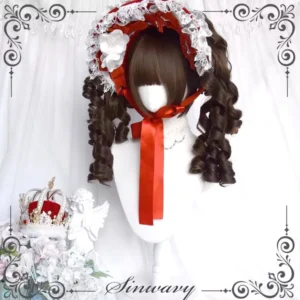 Old School Lolita Roman curl wig front view with dark brown blunt bangs and layered ringlet curls, styled with red lace bonnet and red ribbon necktie on white backdrop