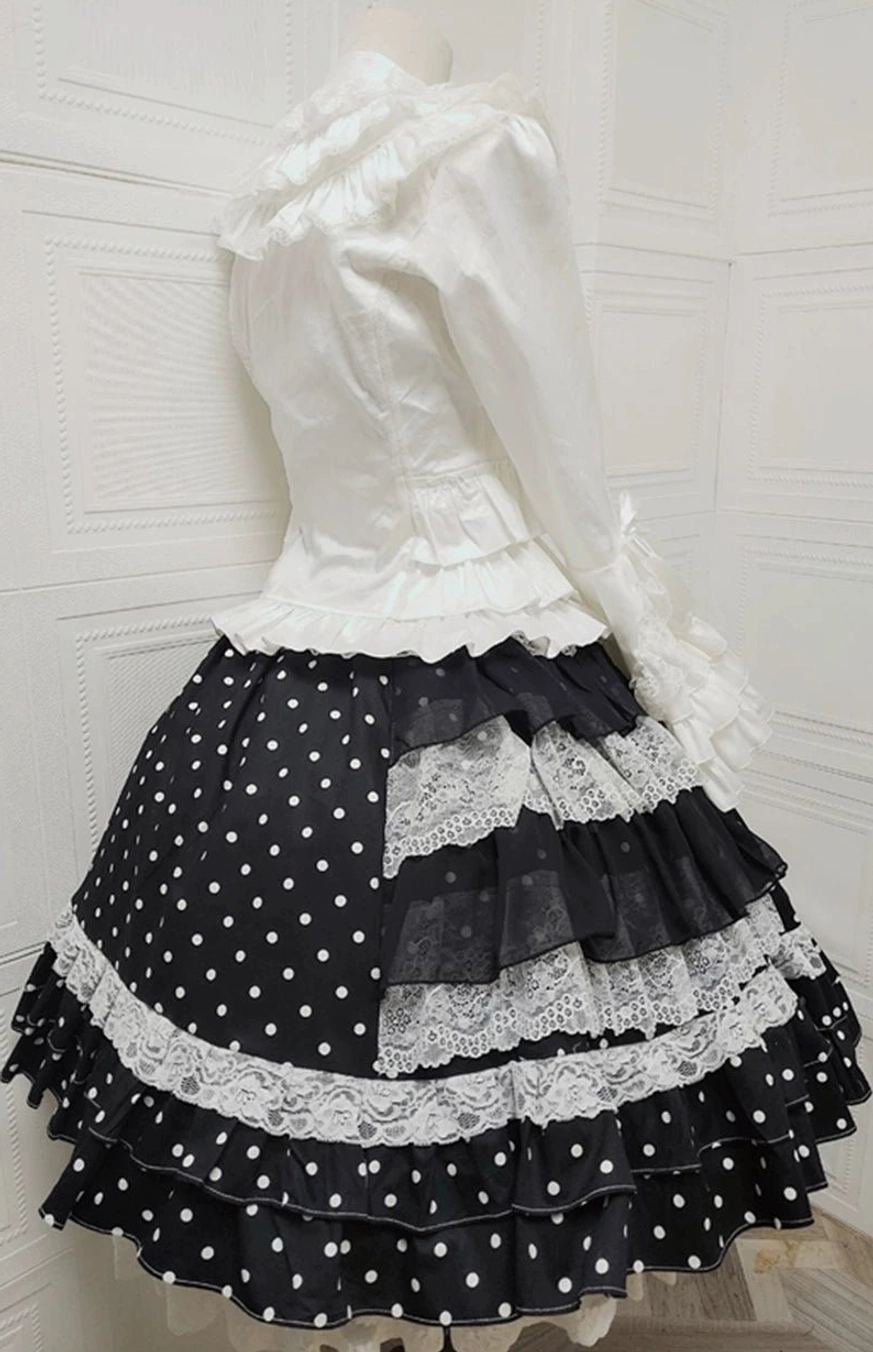 Black polka dot Lolita skirt white ruffled stand collar blouse side front view angle mannequin