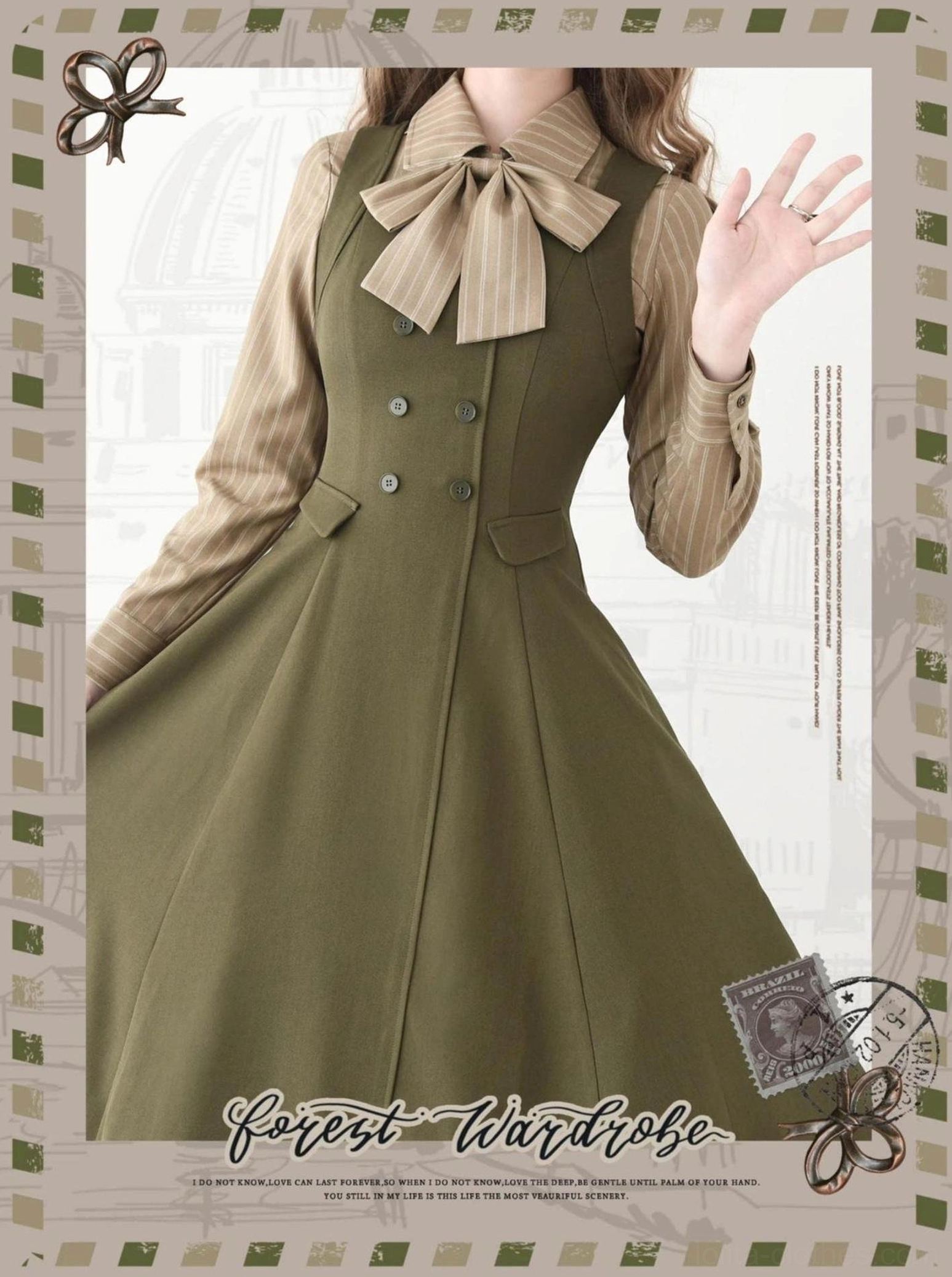 Close-up medium shot olive green Lolita pinafore coordinate upper body, large detachable bow tie collar, double-breasted button details