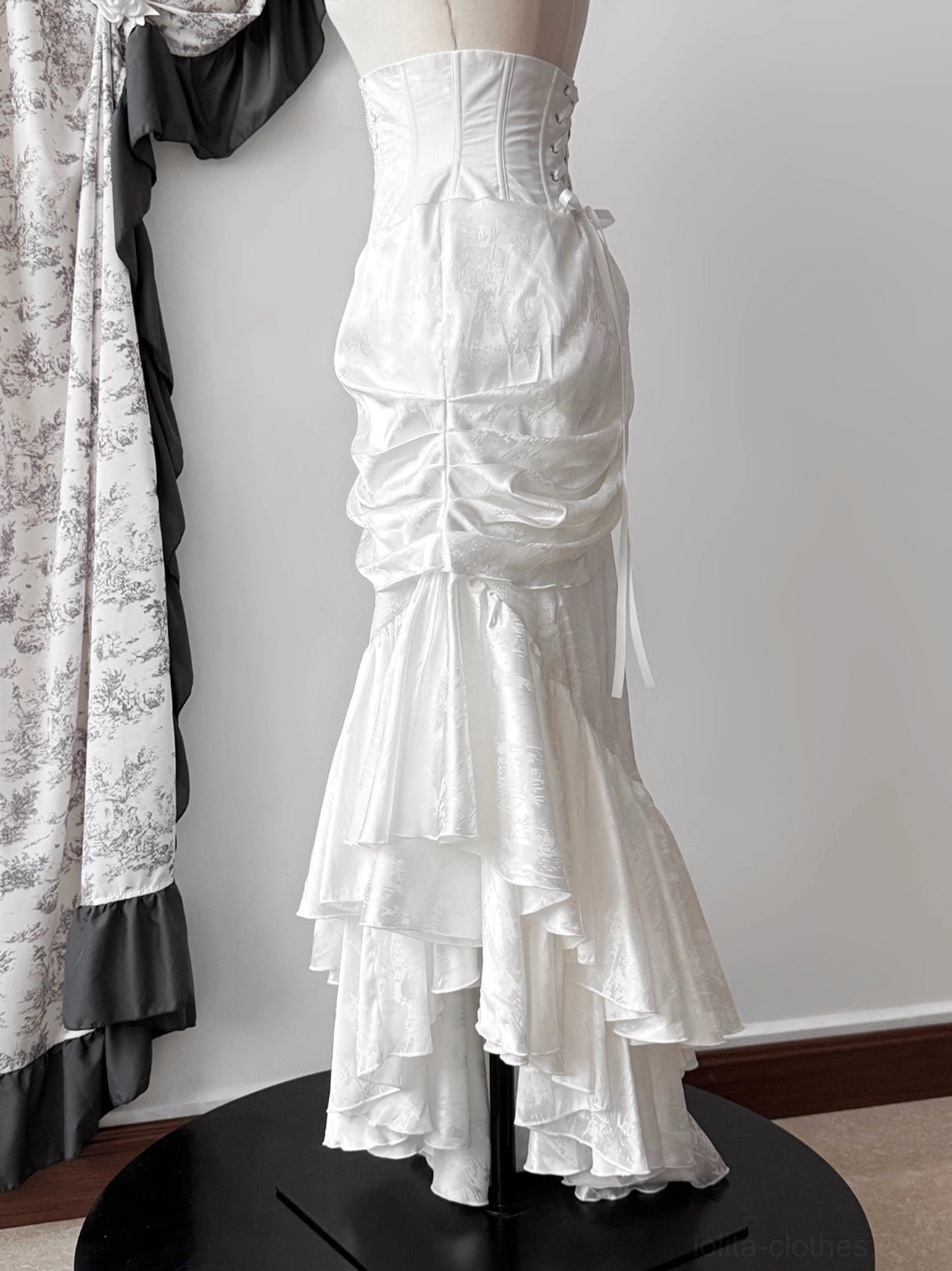 Oracle mermaid gothic lolita skirt dramatic movement showing flowing fishtail hem and dynamic drape design